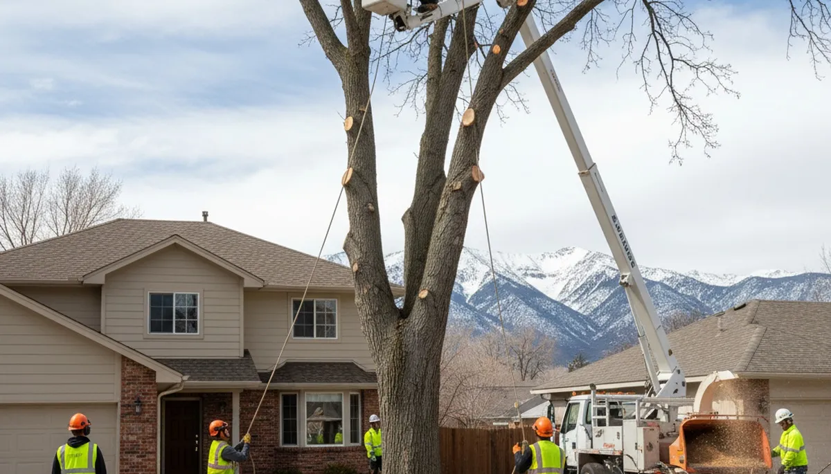 Professional crew performing safe tree removal with bucket truck in Salt Lake City, Utah