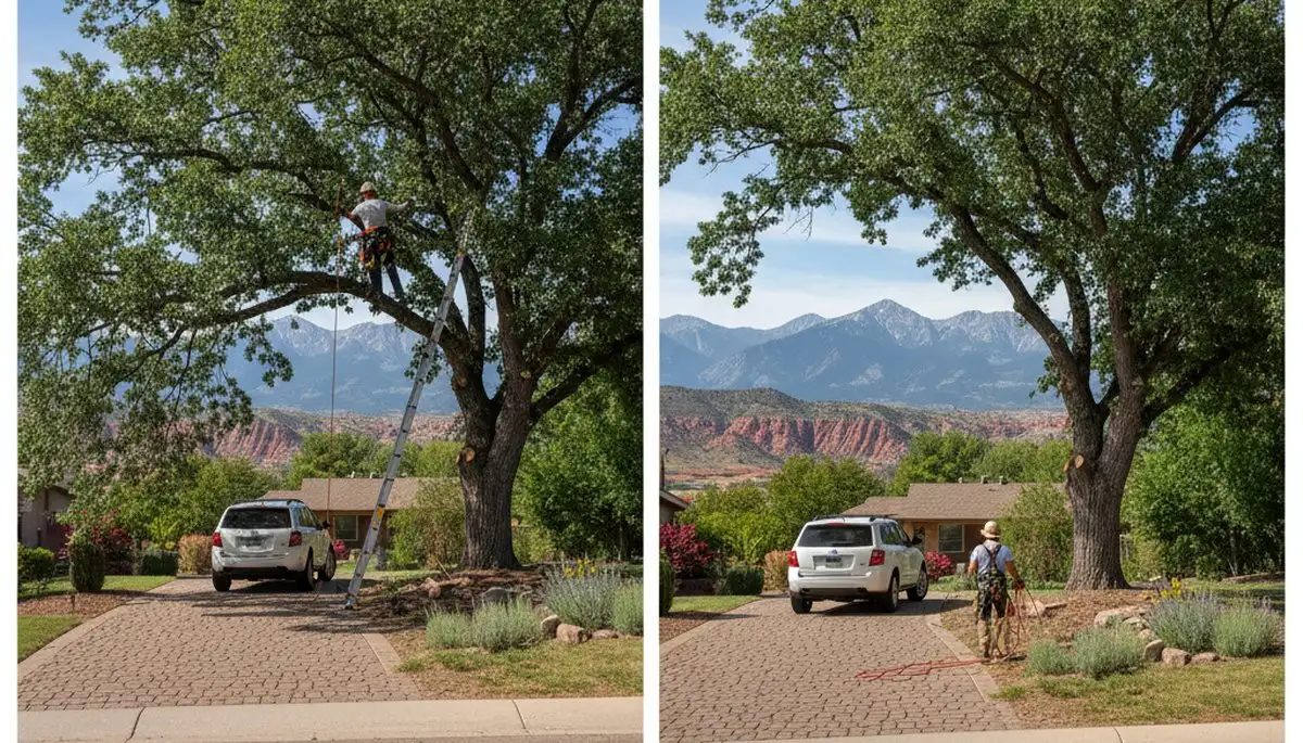 Arborist lifting tree canopy for better driveway clearance in Salt Lake City, UT tree trimming service