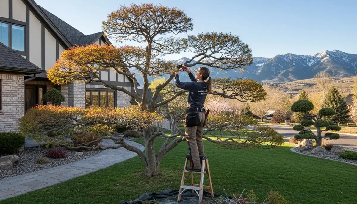 Arborist hand-pruning ornamental Japanese maple for curb appeal in Salt Lake City, UT garden