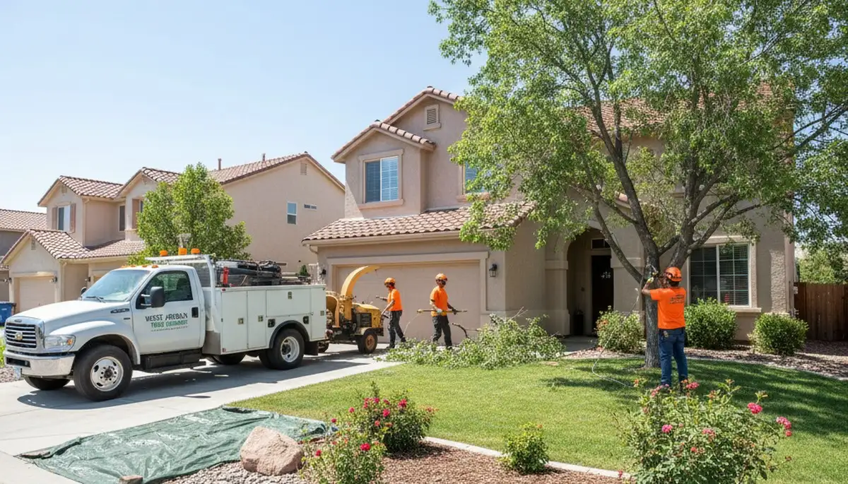 Residential tree removal crew trimming trees in West Jordan, Salt Lake City, UT to improve yard safety