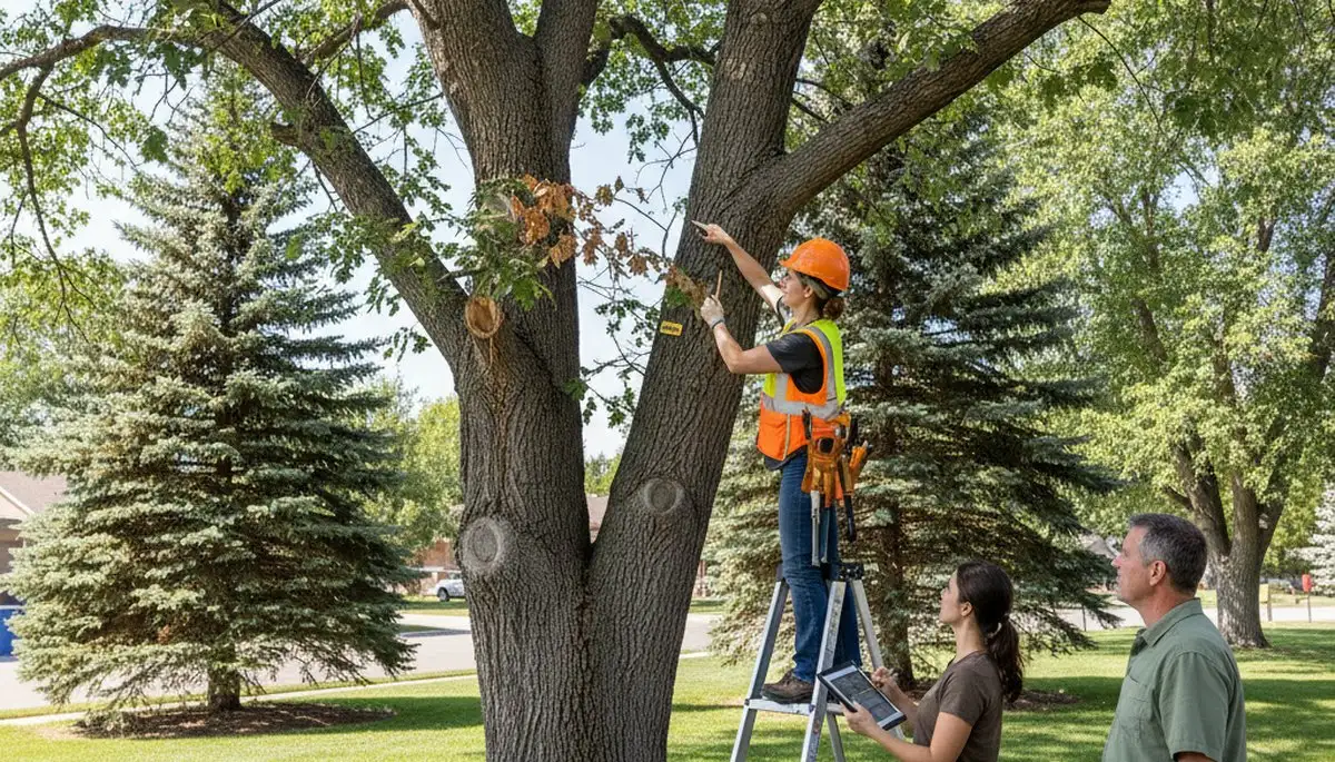 Certified arborist performing tree health assessment for homeowners in Bountiful, near Salt Lake City UT