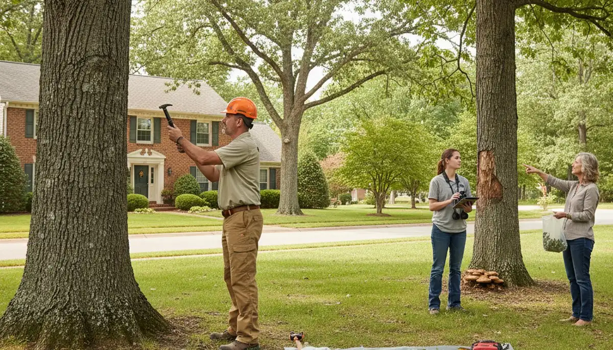 Certified arborist performing tree health assessment in Centerville, Salt Lake City UT yard