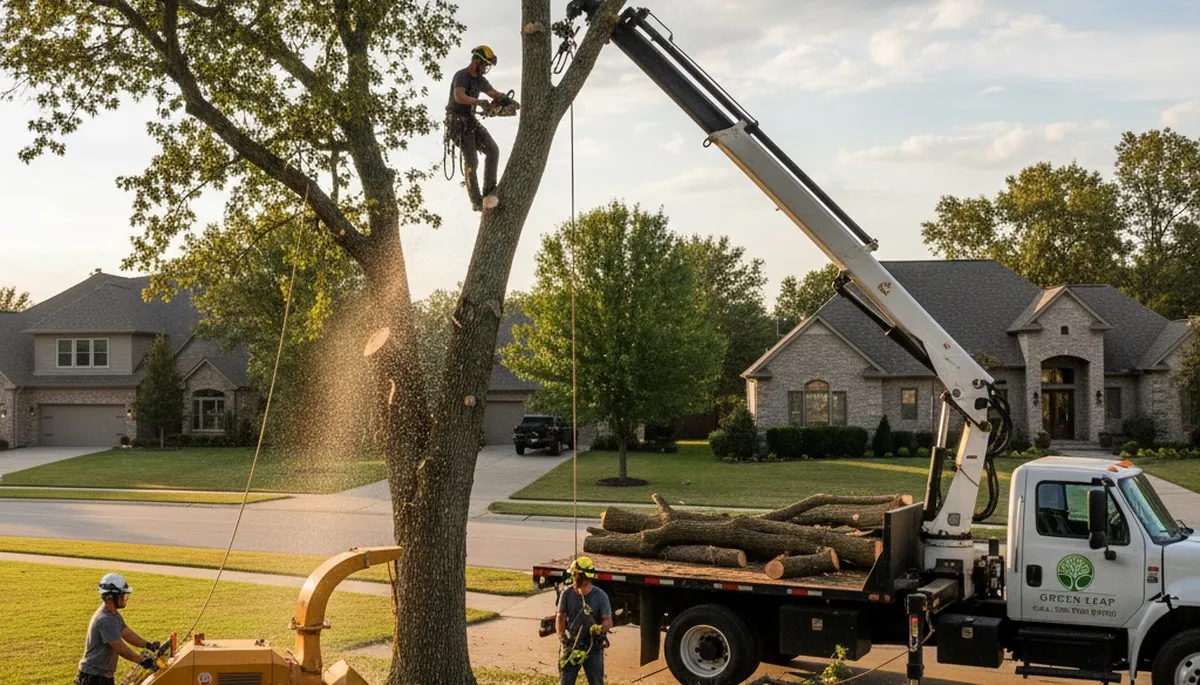 Professional tree removal service in Salt Lake City, UT safely cutting down a large oak tree