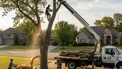 Professional tree removal service in Salt Lake City, UT safely cutting down a large oak tree