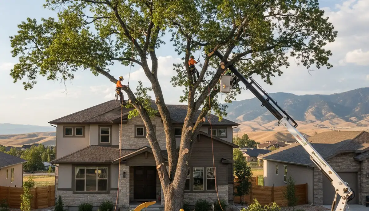 Professional tree removal service team in Salt Lake City, UT clearing large backyard tree safely