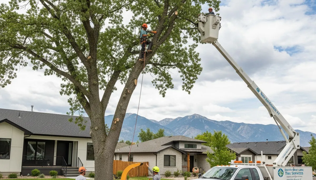 Professional tree removal service in Salt Lake City UT safely clearing large backyard tree